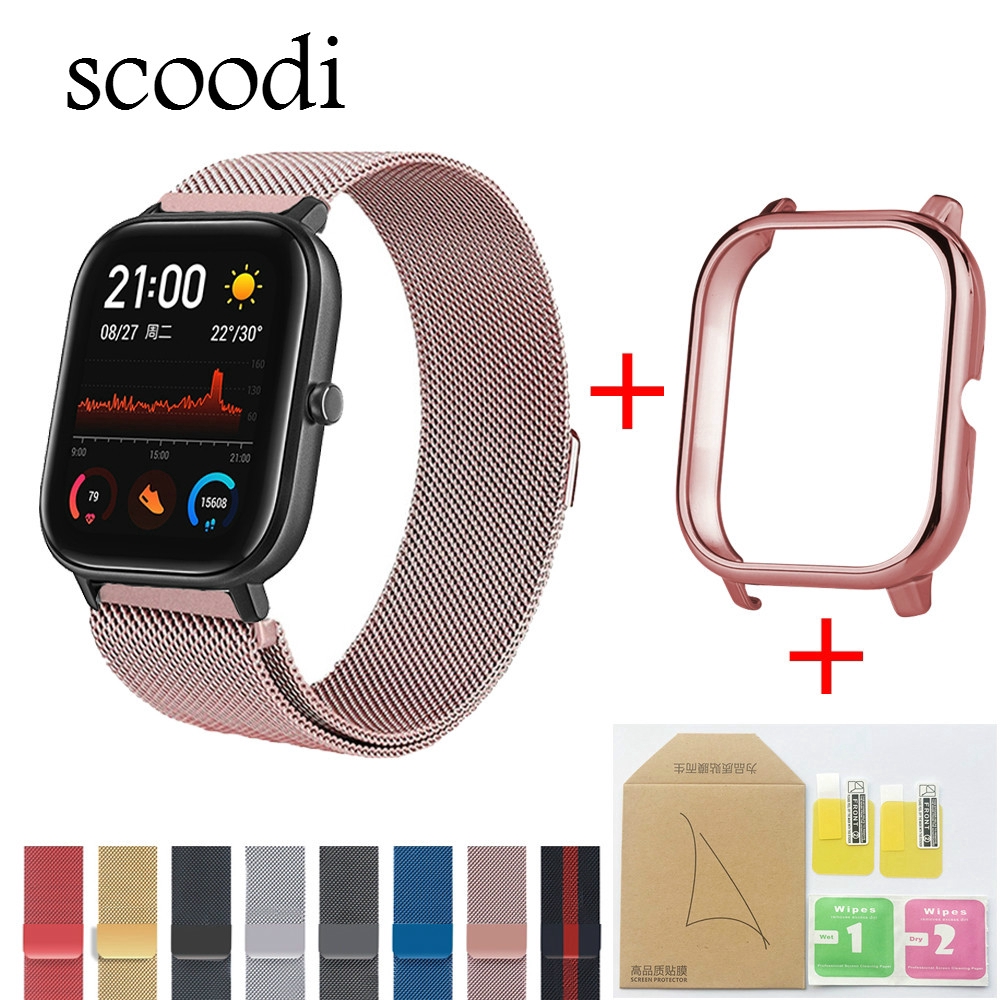 Dây Đeo Đồng Hồ Bằng Thép Không Gỉ Mạ Điện+Miếng Dán Bảo Vệ Cho for Xiaomi Huami Amazfit Gts