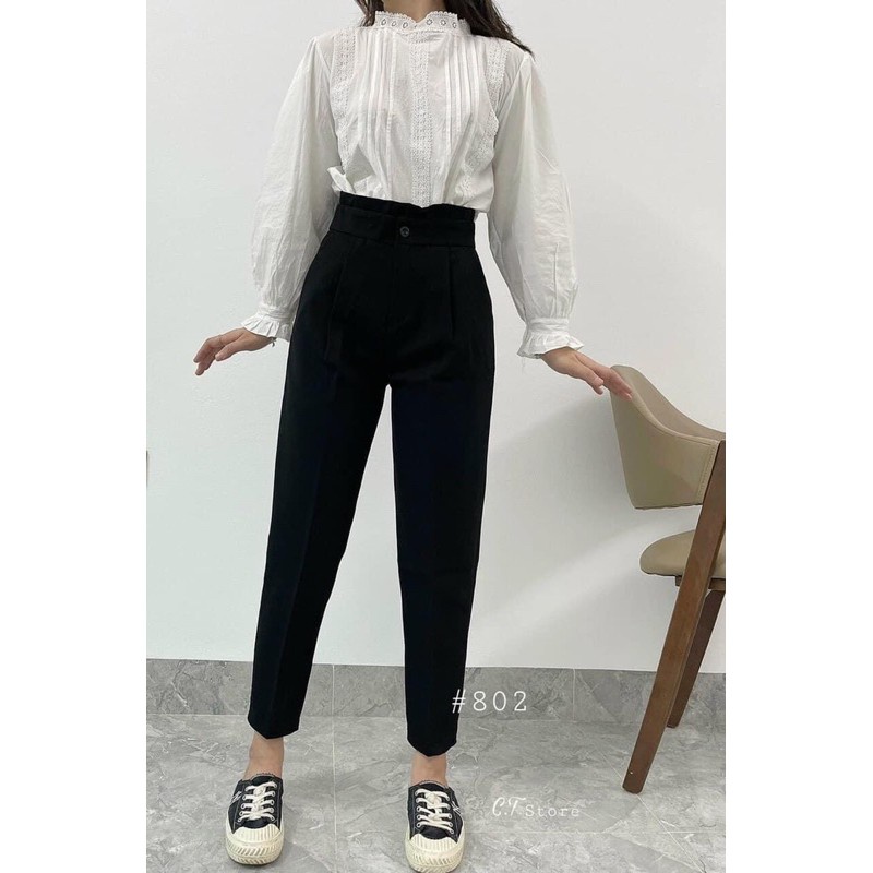 Quần baggy nữ cạp bèo cao cách điệu dáng dài màu đen chất vải mềm - Quần tây lưng cao nữ đi học sinh mặc đi làm công sở