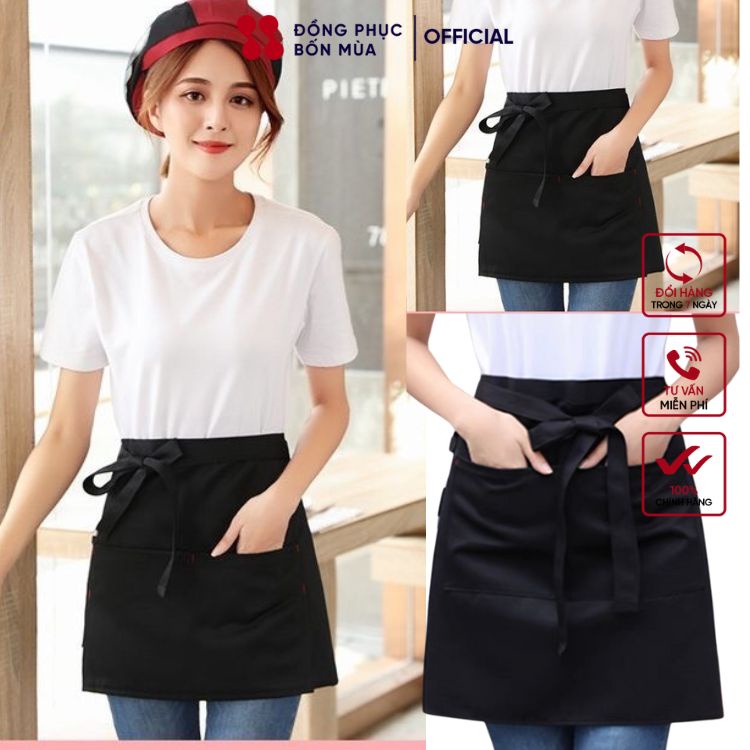 Tạp dề ngắn phục vụ thiết kế màu đen có túi đựng tiện lợi - Chất liệu kaki Hàn vải mềm, chống bám bẩn TD-Nửa-M