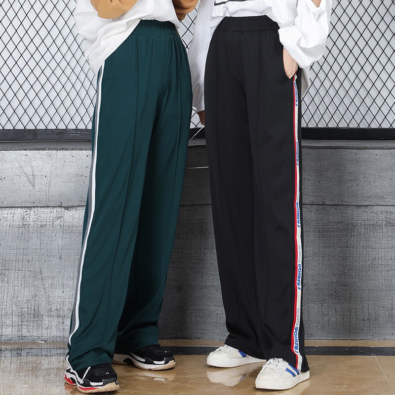 Women Striped Long Pants Elastic Waist Loose Straight Leg Sports Jogger Pants