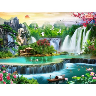 Tranh dán tường 3d tranh sơn thủy thác nước in Vải Lụa KT 120x80cm