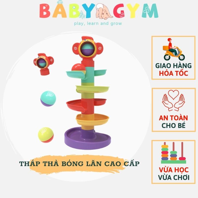 Tháp bóng lăn cầu trượt thả bóng xoay tròn hình chú khỉ dễ thương, nhiều màu sắc, an toàn - BABYGYM