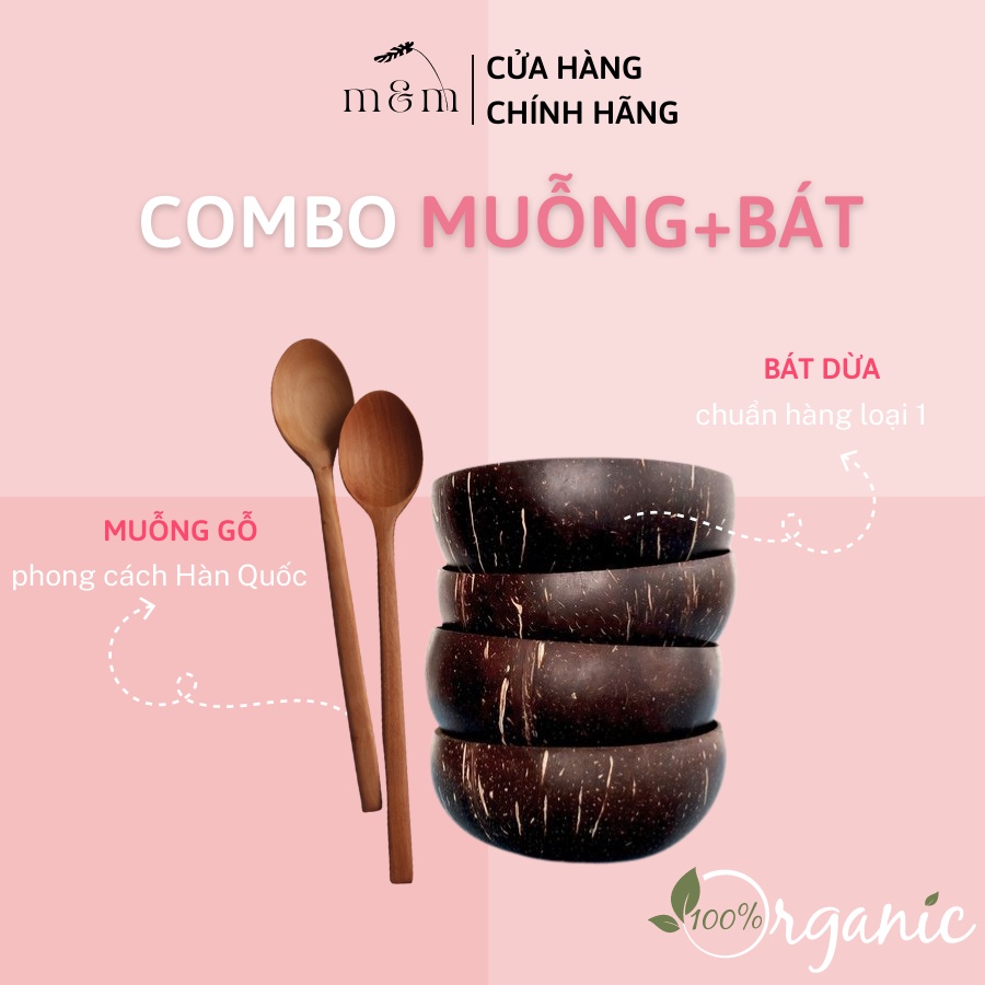 Combo Bát Gáo Dừa Và Muỗng Gỗ Hàn Quốc, Dùng Để Ăn Ngũ Cốc Granola Salad Sữa Chua Hoa Quả, Đựng Bột Đắp Mặt Nạ