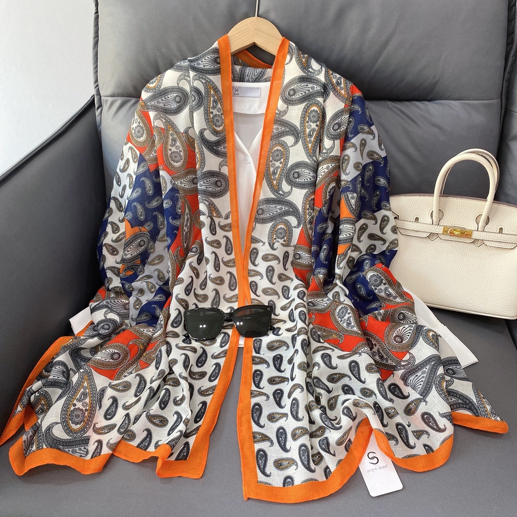 Khăn Choàng Lụa Cotton Lanh Dài Chống Nắng In Họa Tiết Hoa Thời Trang Âu Mỹ 24H