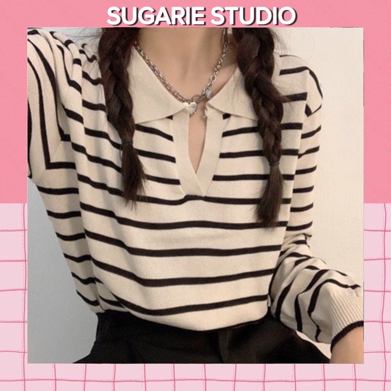 Áo thun dài tay dệt kim kẻ sọc Hàn quốc Sugarie | BigBuy360 - bigbuy360.vn