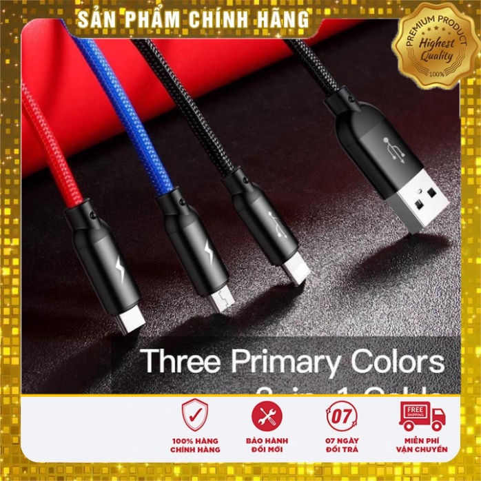 Dây Sạc Đa Năng 3 Đầu💝Cao Cấp💝Cáp Sạc 3 in 1 Truyền Dữ Liệu Tốc Độ Cao Cho Iphone Lightning/ Type-C/ M