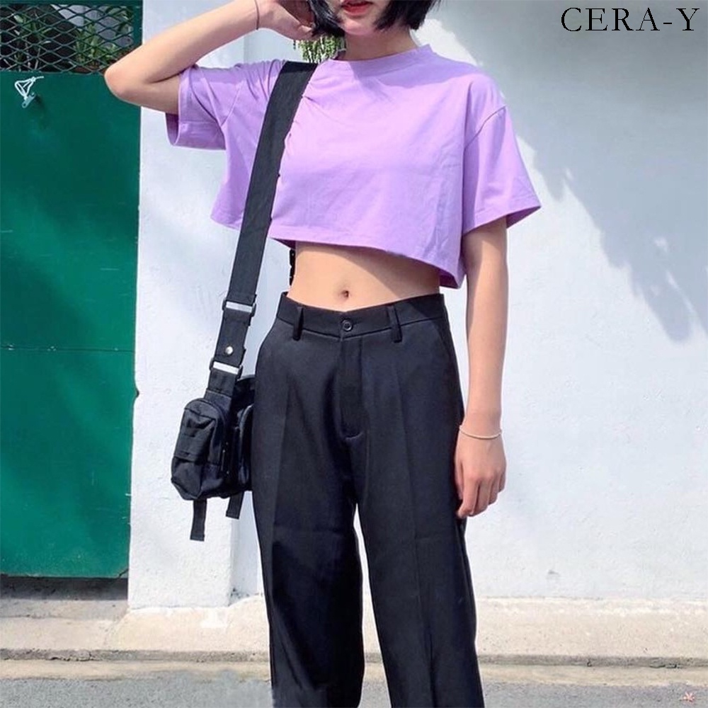 Áo thun form rộng croptop CERA-Y màu đen CRA001