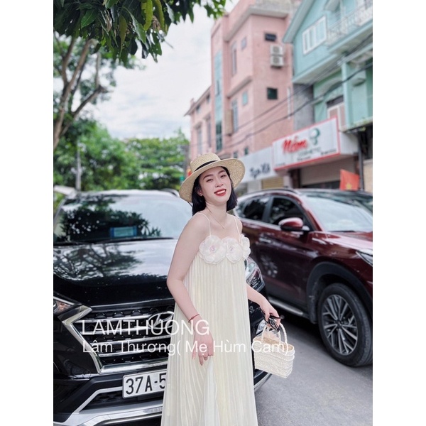 Đầm maxi hai dây ngực kết hoa form xuông bầu bì mặc đều được