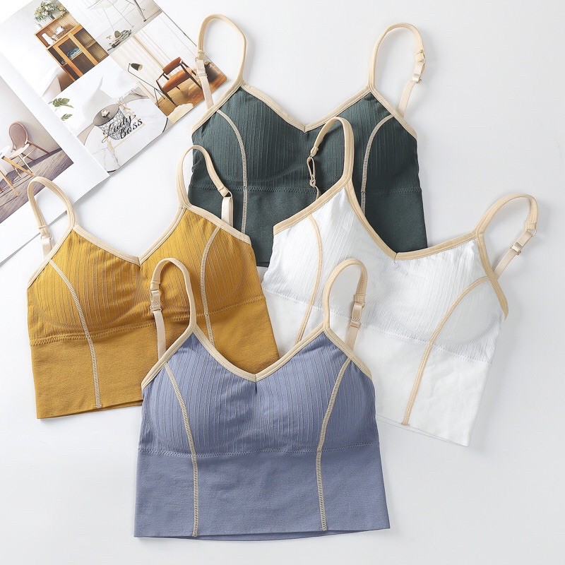 Áo Bra Cotton Co Dãn Áo 2 Dây Khoét Chữ U Khoét Sâu Chiết Eo Có Đệm Mút ôm Vòng 1 Tốt Áo Tập