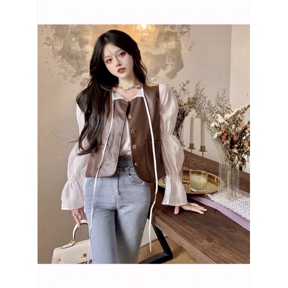 Áo Sơ Mi Tiểu Thư Tay Bèo Phối Gile Da