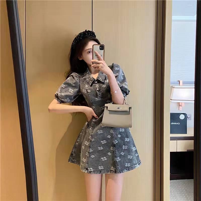 Đầm denim chiết eo thời trang mùa hè mới dành cho nữ 2021