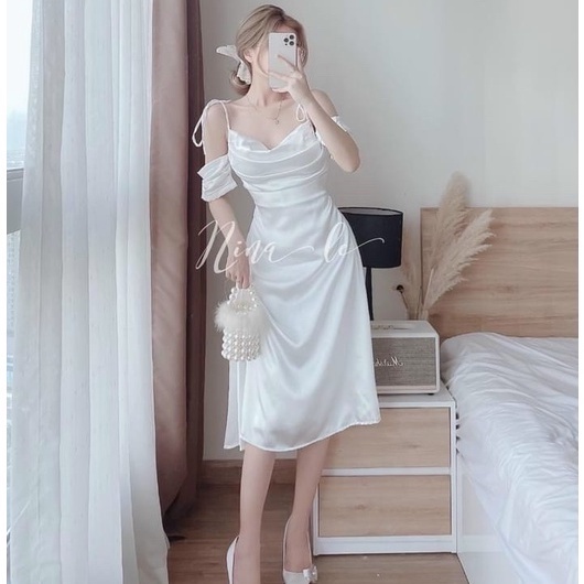 Đầm Midi Trắng,đầm 2 Dây Dáng Xòe Ôm Dáng Body Thiết Kế Xếp Ly Nhún Ngực Tiểu Thư Dự Tiệc Dạo Phố Sang Chảnh Quyến Rũ Th