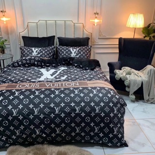 Bộ Chăn Ga Gối Nỉ Nhung Thương Hiệu LV Đen