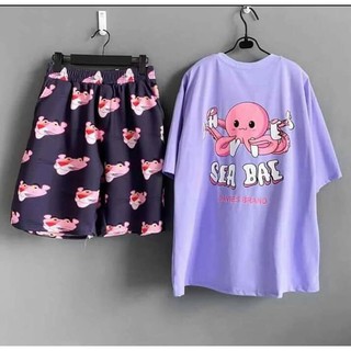 Set áo tay lỡ bạch tuộc tím + quần short cartoon báo hồng unisex