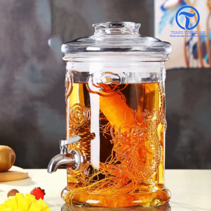 BÌNH NGÂM RƯỢU THỦY TINH DÁNG TRỤ CÓ HOA VĂN RỒNG 6Lít