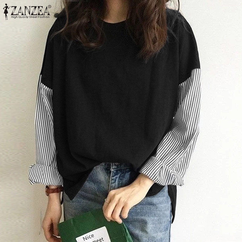 Áo kiểu ZANZEA dáng rộng tay dài ghép nối kẻ sọc thời trang thông thường dành cho nữ