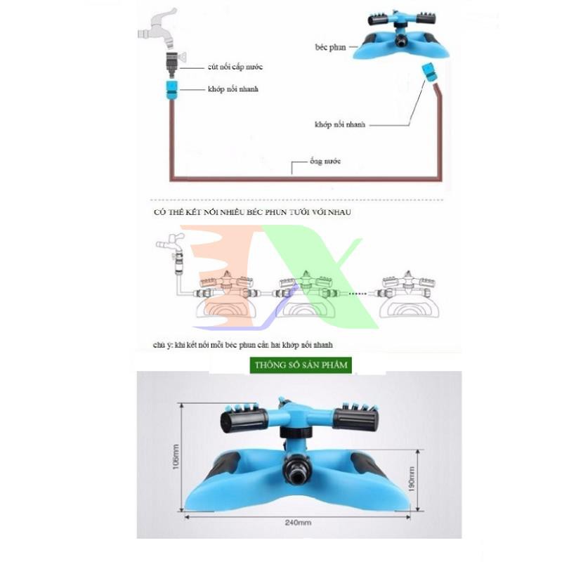 Bộ tưới đầy đủ Đầu tưới 3 cánh xoay 360° - Chân đế cánh bướm kèm 10m dây
