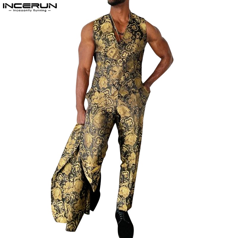 Set trang phục INCERUN áo sát nách và quần dài họa tiết hoa phong cách vintage thời trang dành cho nam