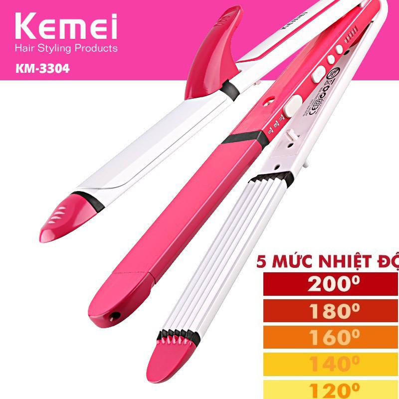 Máy làm tóc đa năng 3 in 1 điều chỉnh nhiệt 5 mức Kemei KM-3304 có thể uốn,duỗi,bấm tiện lợi,làm nóng nhanh.