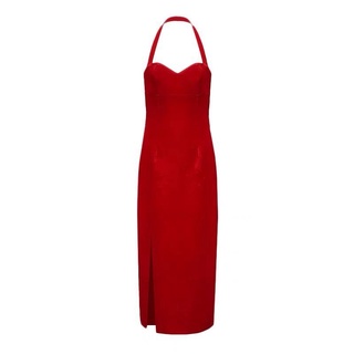 đầm maxi nhung cổ yếm xẻ đùi