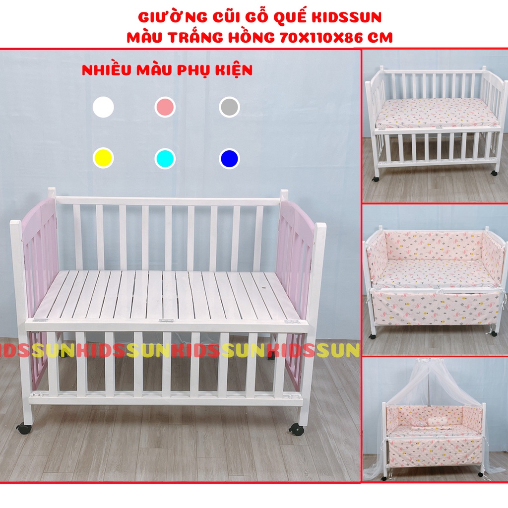 Cũi Cho Bé KIDSSUN Kích Thước (110x70x86) Gỗ Quế Màu Trắng Hồng BH 24 Tháng Hàng Xuất Khẩu Kèm Quà Tặng