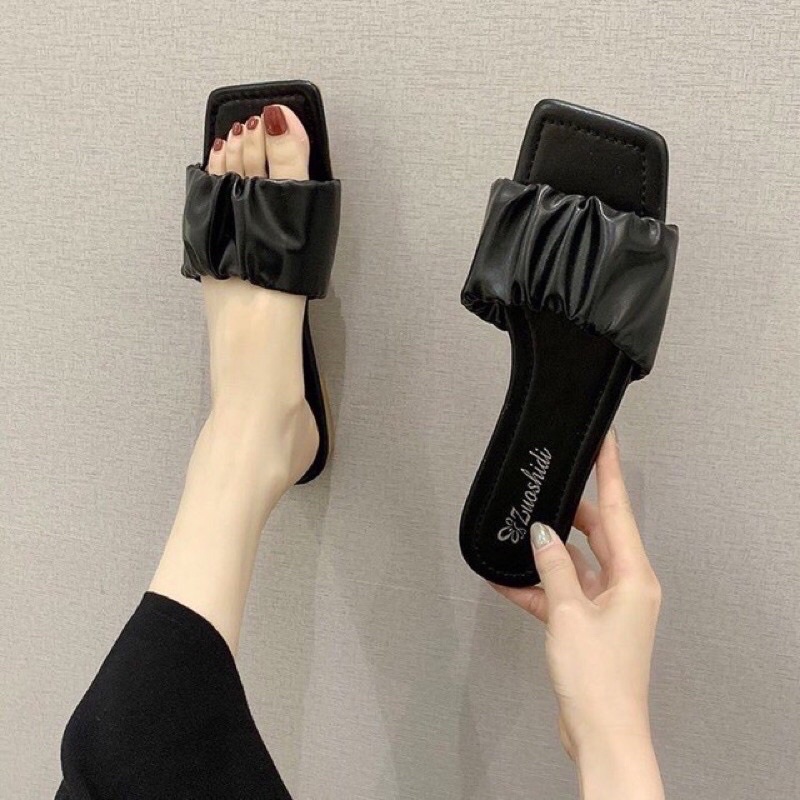 Dép lê nữ, dép nữ quai ngang nhún bèo 3 màu đen , trắng , kem hồng, đủ size 35-39 new 2022