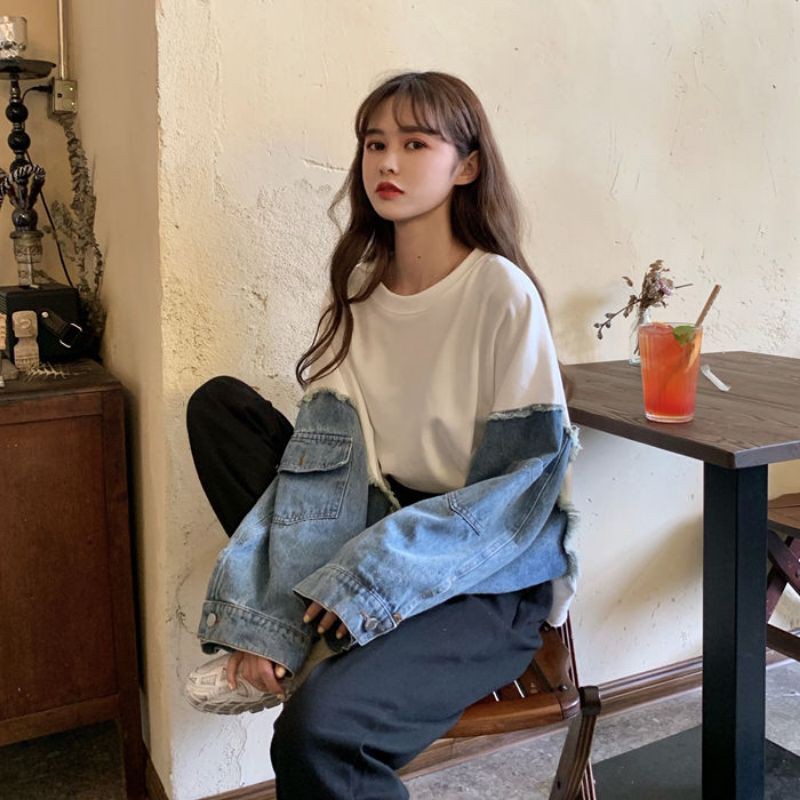 (ORDER) Áo sweater nỉ da cá mix ống tay áo jean thời trang phong cách street style