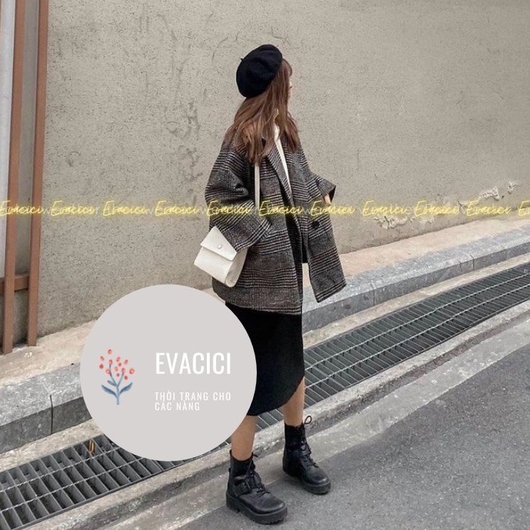 Áo khoác dạ nữ 2 lớp dày dặn from rộng hàn quốc cổ vest 1 khuy HOTHIT nâu đen