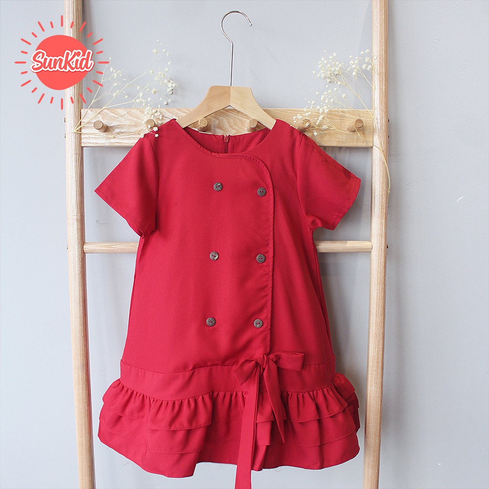 Váy đầm bé gái đỏ dáng suông thắt nơ vải trượt nhật cao cấp mùa hè Sunkid SM màu đỏ size trẻ em 4-12 tuổi