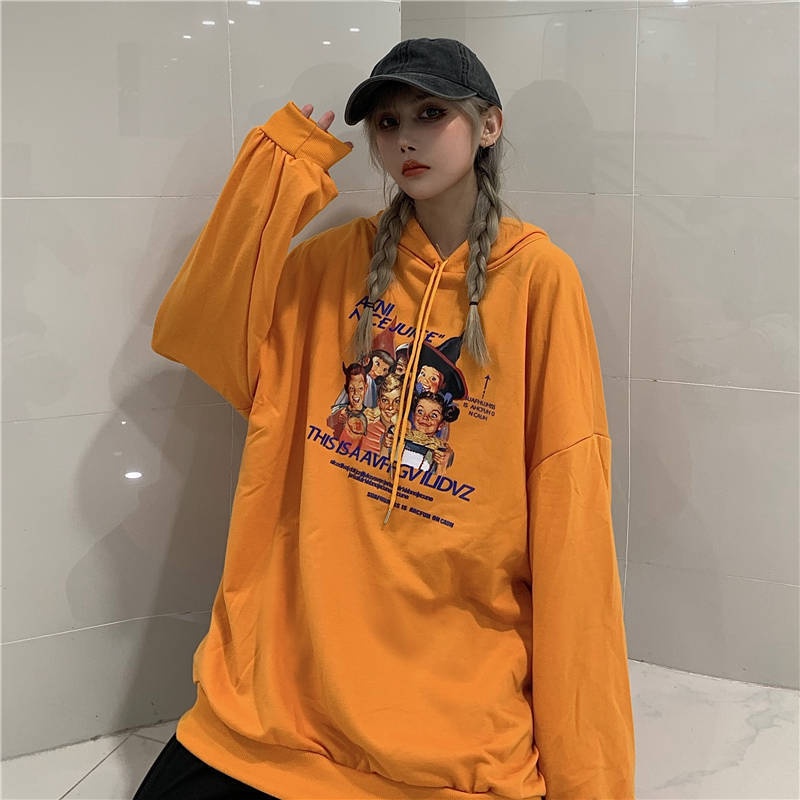 ZHELIHANGFEI Áo len trùm đầu tay dài in hình hoạt hình phong cách đại học