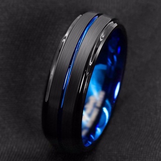 Nhẫn nam 8mm đen + vòng vonfram màu xanh lam