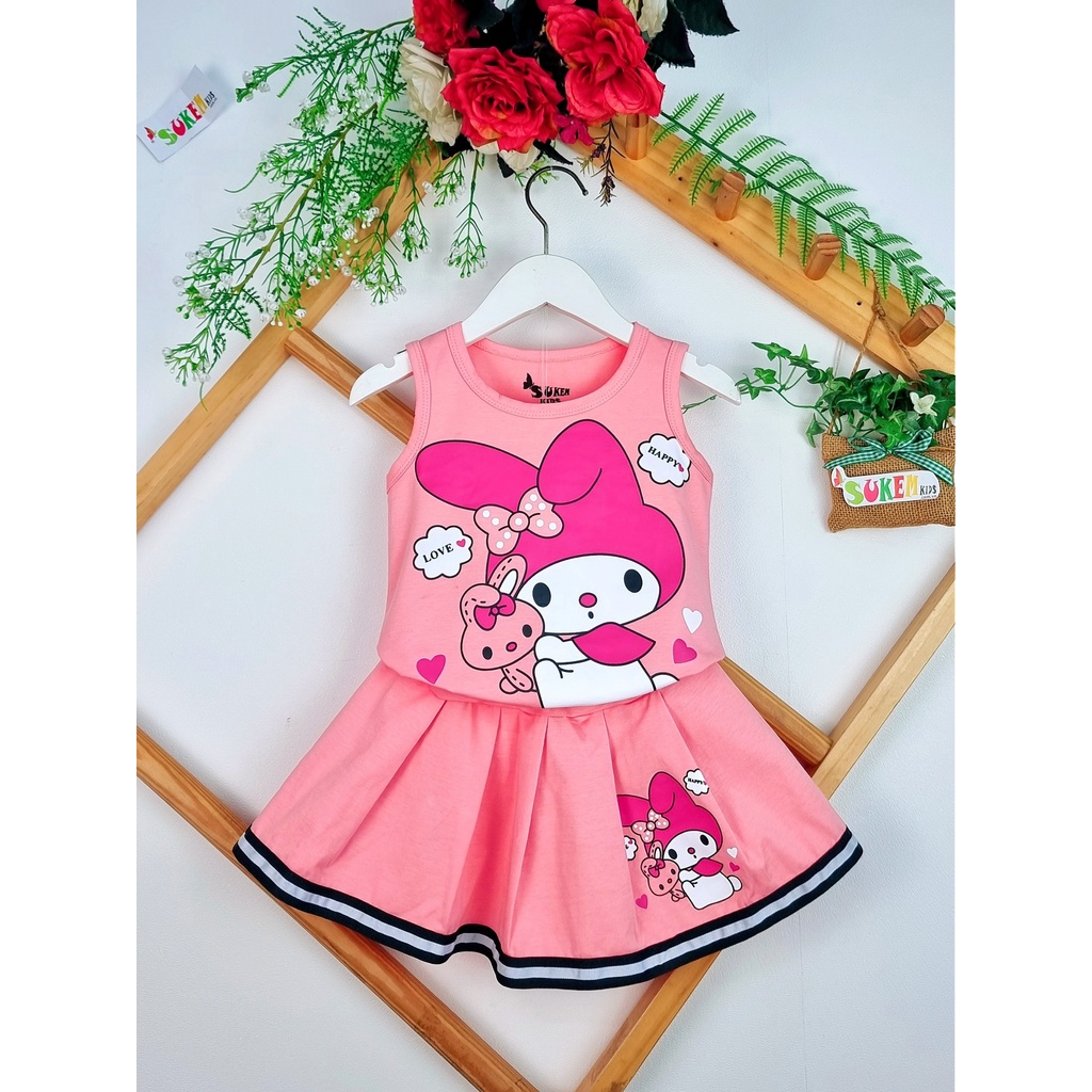 SET VÁY THUN IN THỎ HỒNG DÂU CHO BÉ GÁI