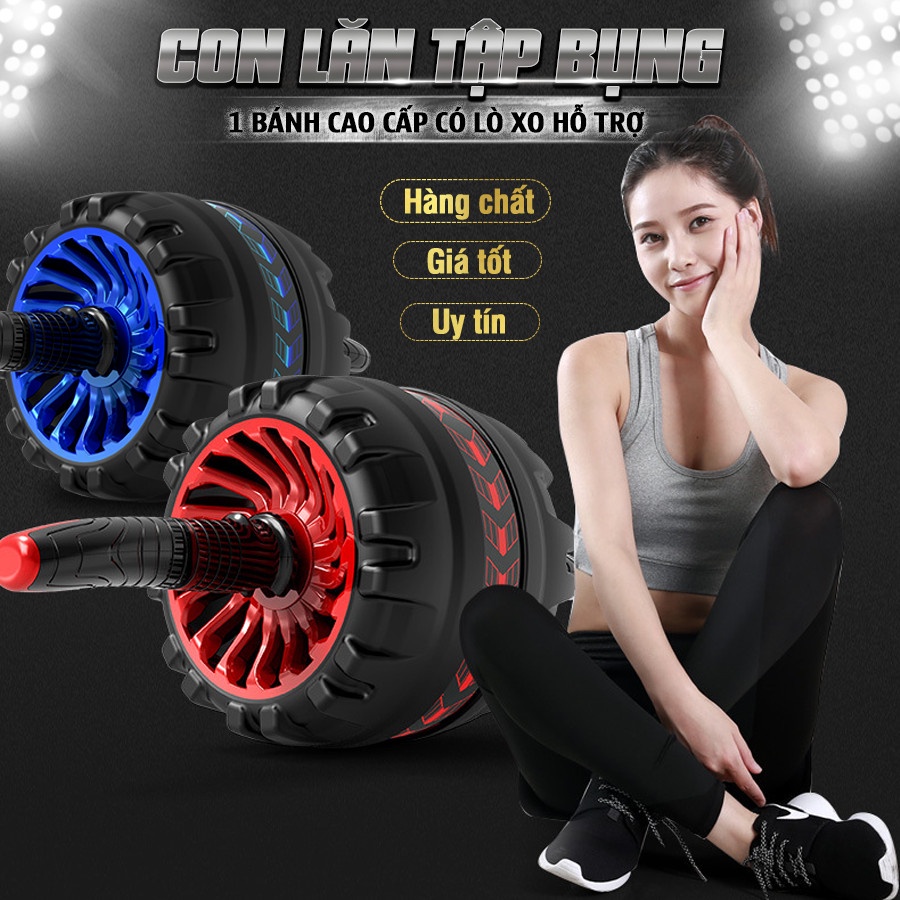 Con lăn tập cơ bụng 1 bánh cao cấp, có lò xo đàn hồi trợ lực, tặng thảm lót chống đâu gối