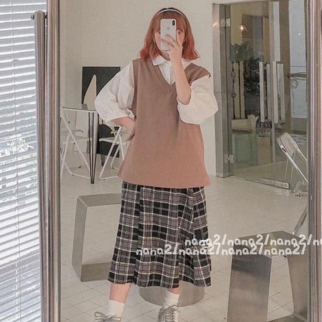 Chân váy dạ kẻ vintage cạp chun dáng dài | BigBuy360 - bigbuy360.vn