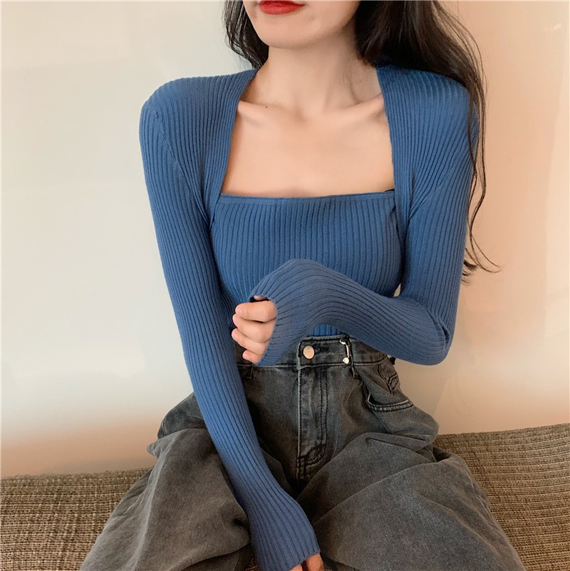 Áo len tay dài cổ vuông ôm sát màu trơn cho nữ | BigBuy360 - bigbuy360.vn