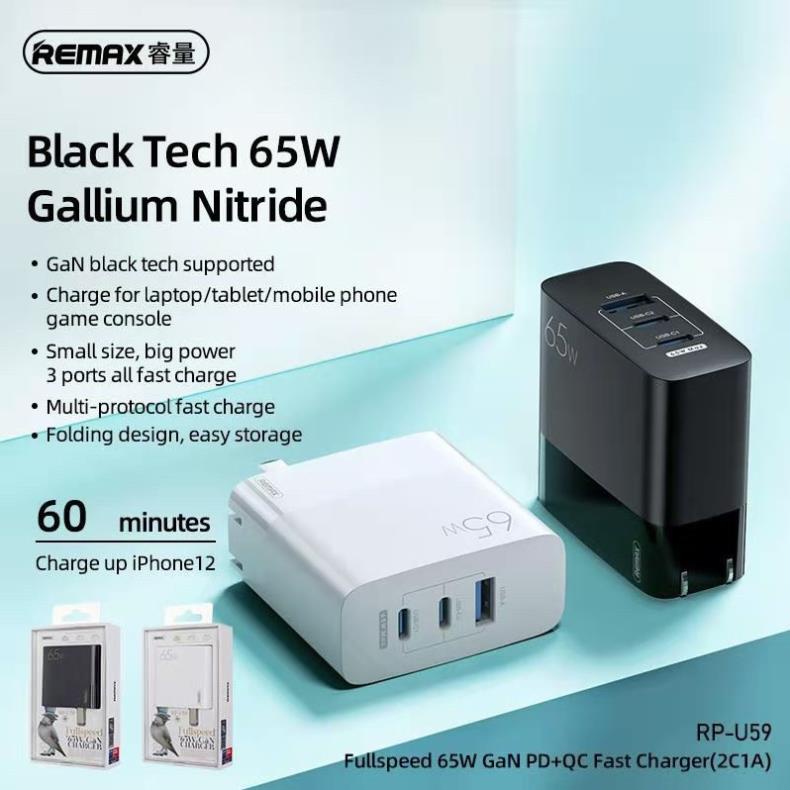 Củ sạc siêu nhanh 65W Remax RP-U59 cổng USB, cổng Type-C Hỗ trợ, QC 3.0, PD 3.0 cho điện thoại, macbook, ip