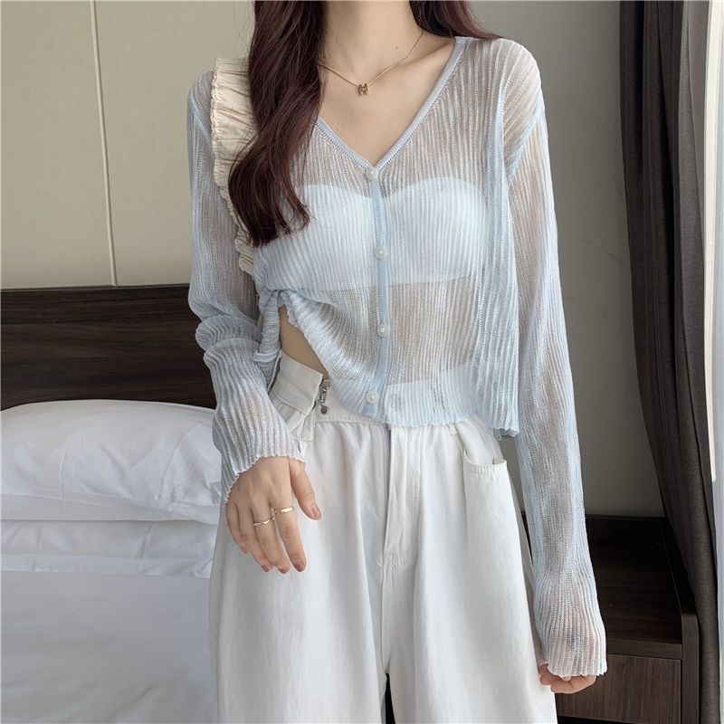 Áo Khoác Cardigan Ngắn Dệt Kim Vải Lụa Lạnh Mỏng Xuyên Thấu Thời Trang Mùa Hè Cho Nữ