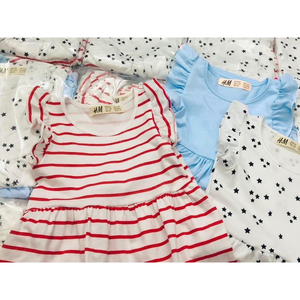 Váy bé gái Combo 3 đầm cánh tiên H.M mix màu trơn bi kẻ chất cotton mềm mịn thoáng mát