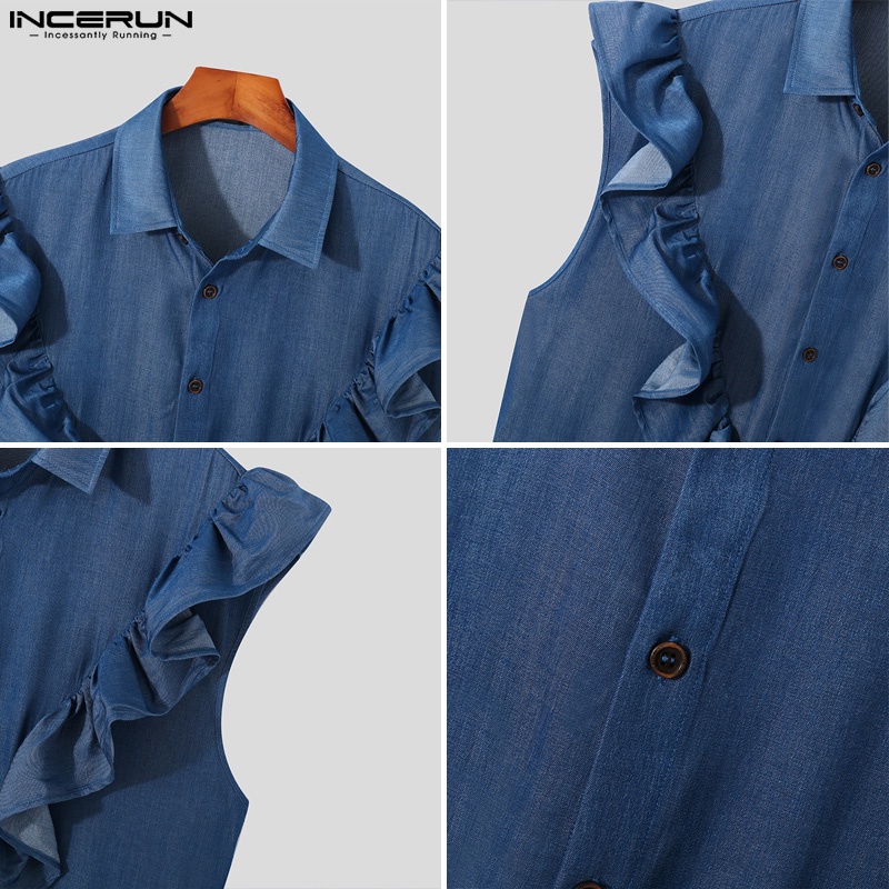 Áo sơ mi INCERUN không tay màu trơn cổ bẻ phối bèo thời trang cho nam