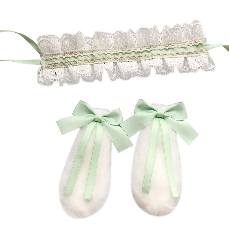 Băng Đô Tai Thỏ Bằng Lông Nhung Phối Bèo Nhún Có Thể Tháo Rời Hóa Trang