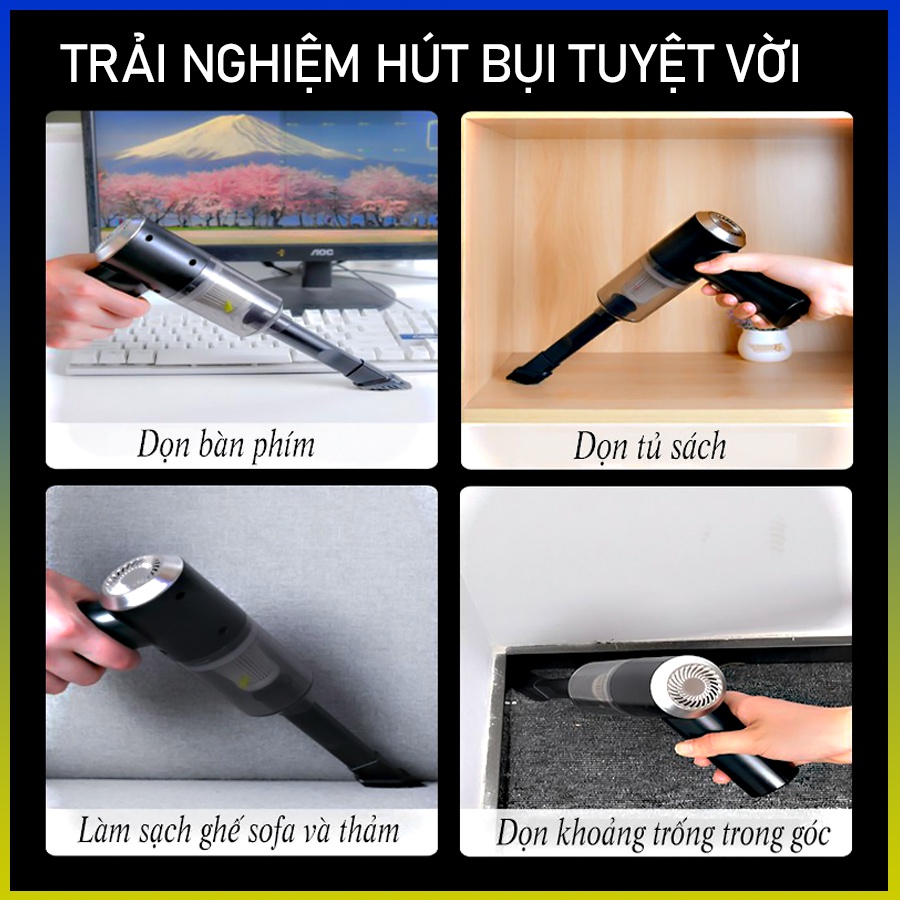 Máy hút bụi Ô tô mini cầm tay không dây-Hút bụi chân không cho nhà và xe bản nâng cấp-Công suất cao 100W,Hút lớn 9000pa