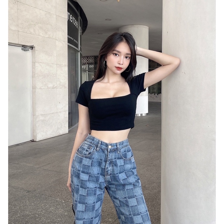 Áo Croptop Cổ Vuông Tay Cộc Thun Ôm Body Freesize IRISVIEL