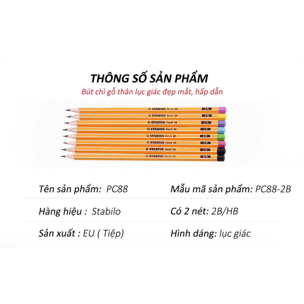 Bộ 3 cây chì gỗ STABILO Pencil 2B đầu đen + tẩy ER191E (PC88-C3+)