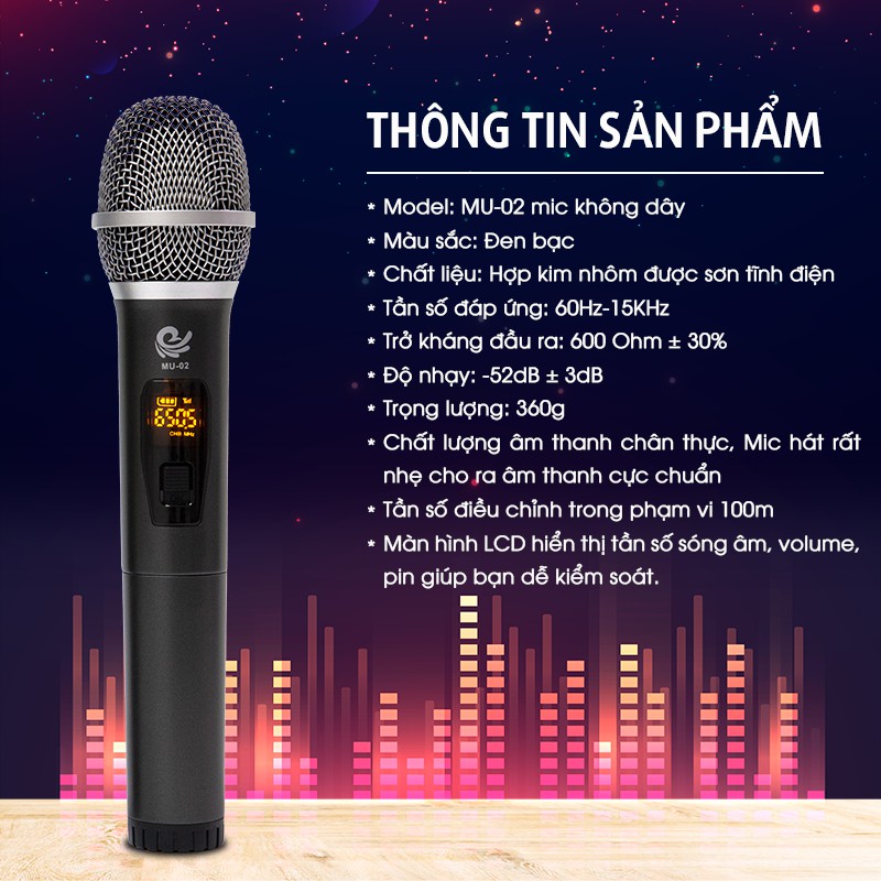 Micro Karaoke, Micro Không Dây MU 02 đen (2 Mic), Chuyên Dụng Cho Loa, Amply,  Đổi Mới Trong 07 Ngày, bảo hành 12 tháng