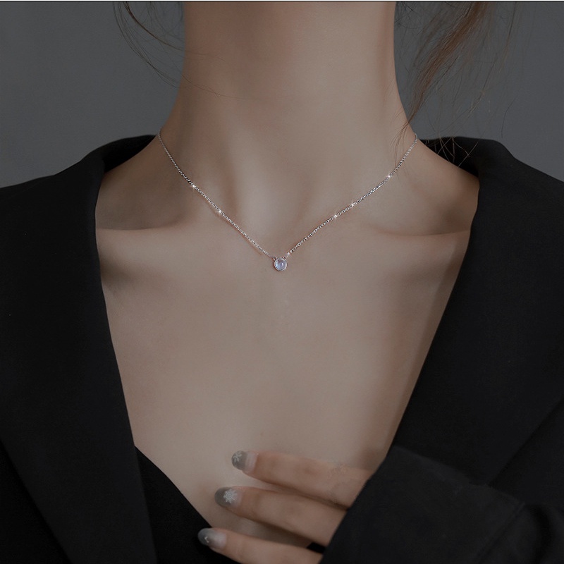 Vòng cổ Bạc 925 Mặt Tròn Đính Đá Sapphire Thời Trang Cho Nữ