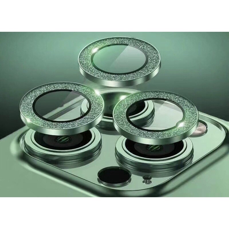 Bộ dán Kuzoom bảo vệ mắt camera kim cương cho iPhone 13 Mini, 13, 13 Pro, 13 Pro Max Nhũ màu xanh rêu lấp lánh siêu đẹp