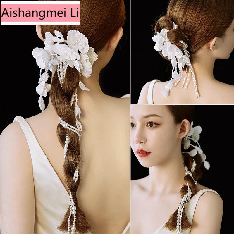 Phụ Kiện Cài Tóc Đuôi Ngựa Dạng Bện Đính Hoa Làm Thủ Công Phong Cách Hàn Quốc Cho Cô Dâu