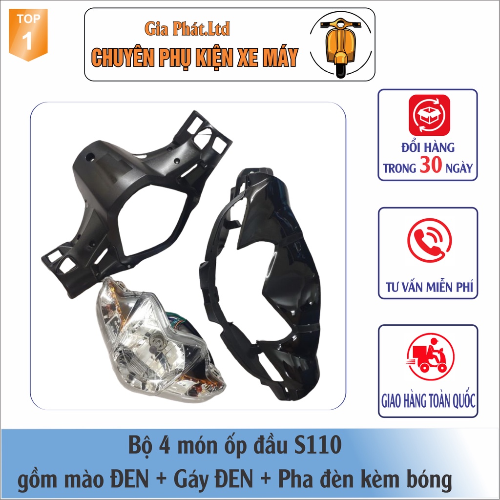 Combo ốp đầu Wave S110  và RSX 110  gồm MÀO ĐEN + GÁY ĐEN + và Pha đèn kèm bóng