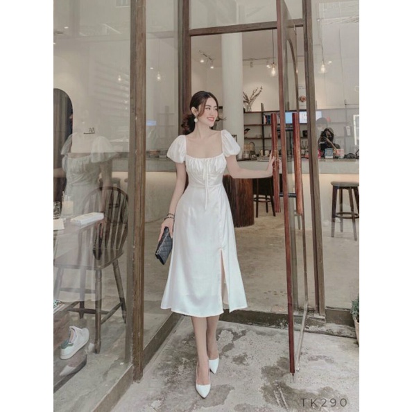 Đầm Lụa dự tiệc xẻ tà thiết kế - Váy maxi trắng midi xẻ tà đi biển