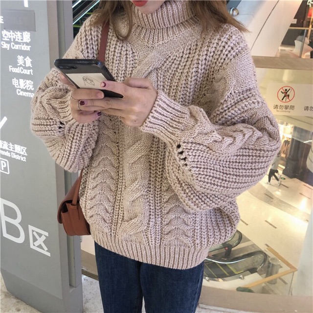 áo len ulzzang cao cổ dày áo len thừng cổ lọ gấp áo len nữ đẹp dáng rộng tay dài be nâu kiểu hàn quốc | BigBuy360 - bigbuy360.vn